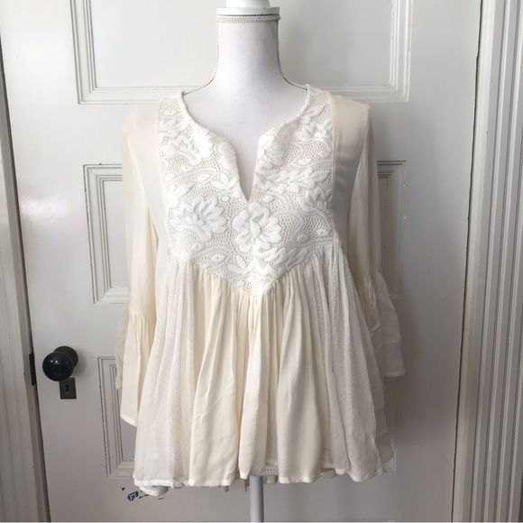 Anthropologie Ella Moss Boho Ivory Blouse Top Lace Front Rayon - Picture 2 of 8